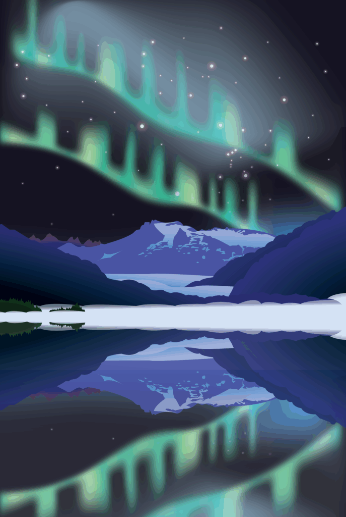 Vector Illustration of Mendenhall Glacier with the Aurora Borealis